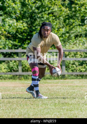 Amateur Rugby touch Player (Mann, 40-50 J.) beugt sich der Vorbereitung einen Pass zu werfen Stockfoto