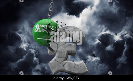 Saudi-arabien Ball Zerschlagung ein Pfund Sterling Symbol. Britische Wirtschaft. 3D-Rendering Stockfoto