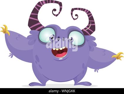 Vektor cartoon lila Monster mit großen Hörnern. Halloween furry violett Monster winken in die Hände. Monster Spielfigur Stock Vektor