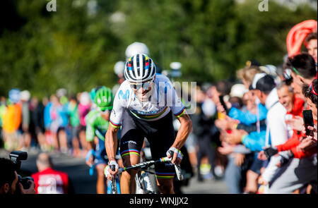 Kantabrien, Spanien. 6. September 2019. Alejandro Valverde (Movistar Team) während 13 stge von 'La Vuelta a España" (Tour durch Spanien) zwischen Bilbao und Los Machucos Klettern am 6. September 2019 in Los Machucos Klettern, Spanien. © David Gato/Alamy leben Nachrichten Stockfoto