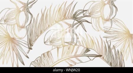 Palm Blätter pattern Golden tropic Vektor line Art. Sommer Poster exotische Dekoration Stock Vektor