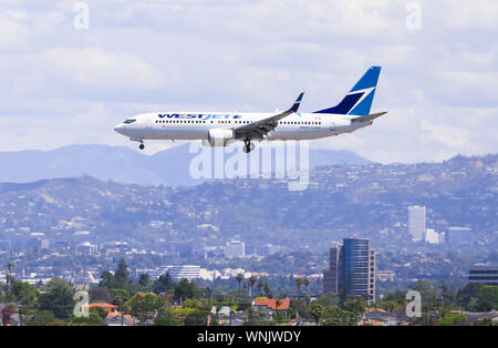 Los Angeles, Kalifornien, USA - 22. Mai 2019: Eine WestJet Boeing 737 landet auf der Los Angeles International Airport (LAX). Im Hintergrund sehen Sie Stockfoto