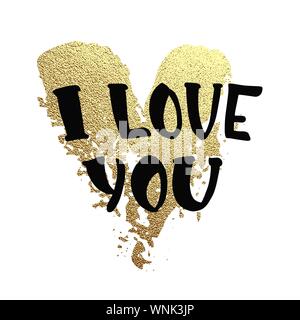 Vektor gold Glitter Herz. Grußkarte für Valentinstag mit handgezeichneten Schriftzug ich liebe Dich und goldenen Herzen auf Weiß. Vector Illustration Stock Vektor