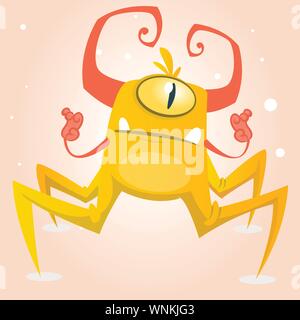 Cute Cartoon Monster Spinne. Halloween gelb und gehörnte Monster Charakter mit einem Auge. Auf hellen Hintergrund isoliert Stock Vektor