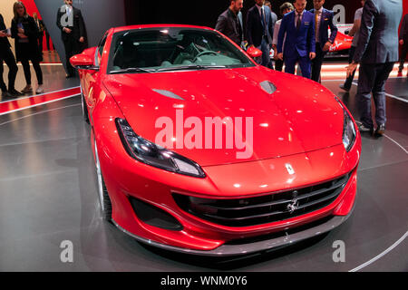 FRANKFURT, Deutschland - 13.09.2017: Ferrari Portofino Sportwagen auf der Frankfurter IAA vorgestellt. Stockfoto