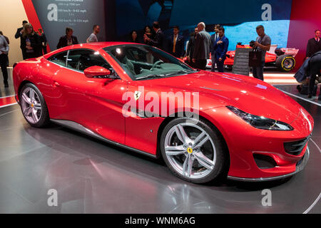 FRANKFURT, Deutschland - 13.09.2017: Ferrari Portofino Sportwagen auf der Frankfurter IAA vorgestellt. Stockfoto