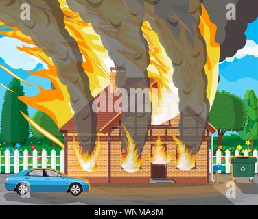 Hölzerne Haus brennt. Feuer in der Hütte. Orange Flammen in Windows, schwarzer Rauch mit Funken. Sachversicherung. Natur Landschaft. Naturkatastrophe Konzept. Vector Illustration im flachen Stil Stock Vektor