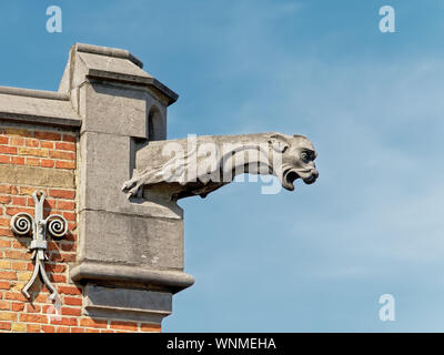 Wasserspeier aus Stein Skulptur gegen den blauen Himmel, Detail von Saint Peter's Station in Gent, Belgien Stockfoto