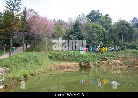 Chiang Mai, Thailand - 26. Januar 2019: Ansicht des Sees bei Khun Wang Royal Projekt, eine Forschungsstation für die Landwirtschaft an den Hängen des Doi Inthanon Stockfoto