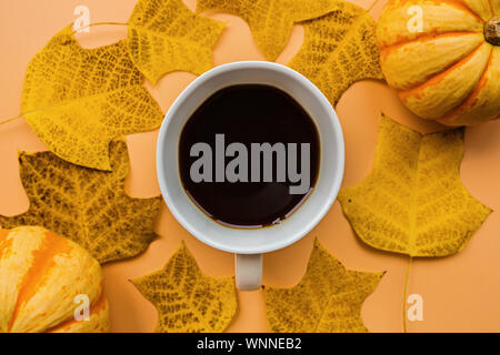 Herbst Rahmen aus Kürbissen, Tasse Kaffee und Laub auf orangem Hintergrund. Herbst, Halloween und Thanksgiving Konzept. Styled Lager flach Stockfoto