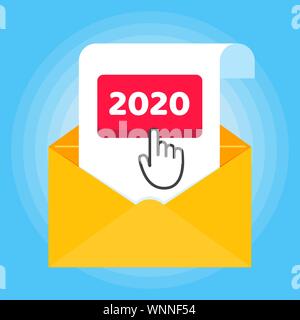 Die Schaltfläche 2020 mit hand Handschuh mit Finger cursor Mauszeiger zeichen Symbol drücken. Flat Style design Einladung zu Weihnachten oder Neujahr party Postkarte Vektor Stock Vektor