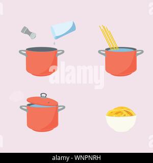 Nudeln kochen Richtungen, Anleitung. Schritte wie Pasta vorzubereiten. Stock Vektor