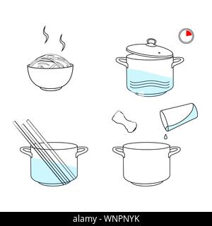 Nudeln kochen Richtungen, Anleitung. Schritte wie Pasta vorzubereiten. Stock Vektor