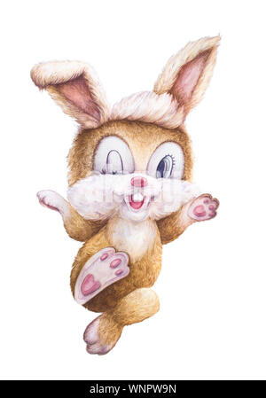 Aquarell Tier. Kaninchen glücklich lächelnd. Bunny wer zuzwinkert. Kinder Persönlichkeit. Neugeborene kunst Geschenk. Druckqualität. Weißer Hintergrund. Illustration für Kinder Stockfoto