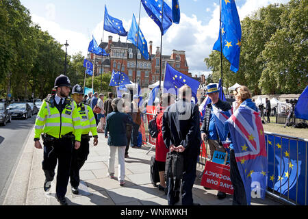 Steve Bray, Aktivist, Herr Stop Brexit, Gespräch mit Herrn Rennard, Liberaldemokraten, peer Westminster, London, England, Großbritannien Stockfoto