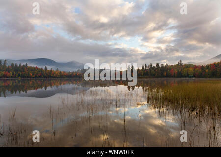 Foggy Momente über Teiche in Upstate New York in den Adirondacks. Herbst ist die beste Jahreszeit, um zu sehen, die Blätter im Herbst ändern. Große leaf peeping Momente. Stockfoto