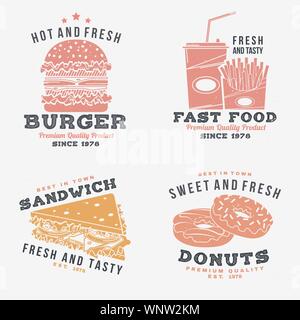 Satz von Fast food retro Logo Design. Vektor. Vintage Design mit Sandwich, Burger, Pommes frites für Cafe, Kneipe oder fast food business. Vorlage für Restaurant Identität Objekte, Verpackung und Menü Stock Vektor