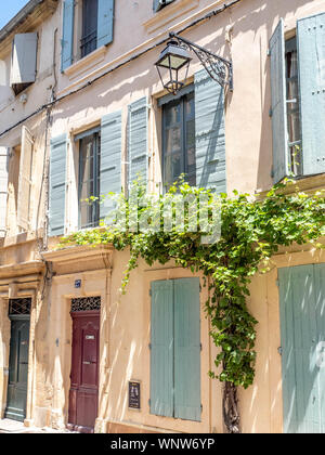 Französische Landhaus in der Provence mit grünen Fensterläden und roten Tür. Stockfoto