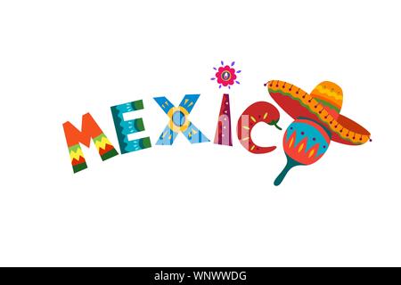 Mexiko Wort in mexikanischen traditionellen Ornament Text für festliche Karte oder Einladung im Land. Helles Designelement Sonne mit Fiesta-Chili und Sombrero. Bunte ethnische Vektor-Design Illustration Stock Vektor