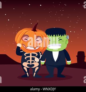 Kinder halloween Kostüme Nacht Landschaft Bild Stock Vektor