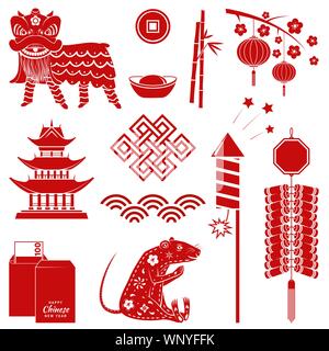 Satz von roten chinesischen neue Jahr silhouette Symbole. Vector Illustration. Gehören die Feuerwerkskörper, chinesische Löwe, Ratte, Umschlag, Geld und Ausrüstung für das chinesische Neujahr feiern. Stock Vektor