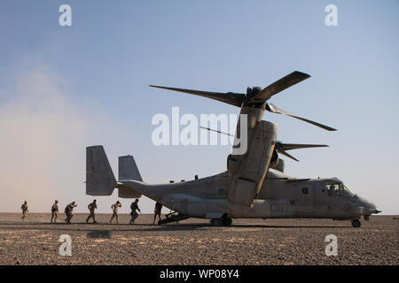 Us-Marines mit 1St Battalion, 7th Marines, Special Purpose Marine Air-Ground Task Force Krise Response-Central Befehl angehängt, und Soldaten, die mit der Schnellen Eingreiftruppe Brigade, Jordanien Streitkräfte, die Teilnahme an einem taktischen Recovery von Flugzeugen und Personal Übung (Trapex) in Jordanien während der Übung eifrig, Lion, Sept. 1, 2019. Eifrig, Lion, US Central Command der größte und komplexeste ausüben, ist eine Gelegenheit, Kräfte in einem multilateralen Umwelt zu integrieren, arbeiten in realistischen Gelände und militärische Stärkung der militärischen Beziehungen. (U.S. Marine Corps Foto von Lance Cpl. Sah Stockfoto