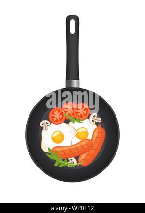 Heiße Pfanne mit Spiegelei, Würstchen, Pilze, Tomaten und Kopfsalat, Ansicht von oben. Auf weissem Hintergrund. Vector Illustration. Stock Vektor