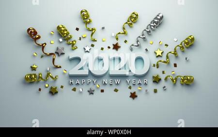 Frohes Neues Jahr 2020 von Gold Konfetti Sterne text- und 2020-Nummer für Urlaub Grußkarte. 3D-Render Abbildung Stockfoto