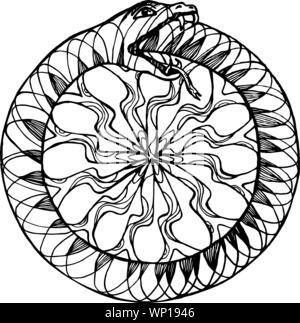 Schwarz/Weiß-Bild einer Uroboros Schlange essen mit dem Schwanz. Muster, Idee für Tattoo. Stock Vektor