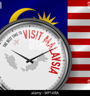 Die beste Zeit für einen Besuch in Malaysia. Reisen nach Malaysia. Touristische Air Flug. Wehende Flagge Hintergrund und Dots Pattern Map auf dem Zifferblatt. Abbildung. Stockfoto