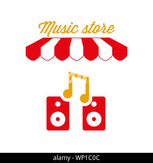 Music Store Zeichen, Emblem. Rot-weiß gestreiften Markise Zelt. Lautsprecher Symbol. Goldene und rote Farben. Flache Darstellung. Stockfoto