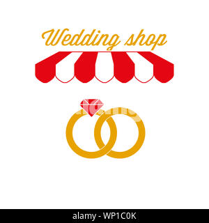 Hochzeit Shop Zeichen, Emblem. Rot-weiß gestreiften Markise Zelt. Trauringe. Goldene und rote Farben. Flache Darstellung. Stockfoto