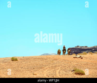 Jordanien, Aqaba Governorate, Wadi Rum. Wadi Rum geschützter Bereich, UNESCO-Weltkulturerbe. Eine bedoiun Mann geht durch die Wüste auf einem Esel. Stockfoto