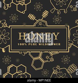 Nahtlose Muster mit Honig, Bienen und Blumen. Designelemente. Vektorgrafiken. Stock Vektor