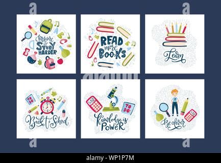 Vektor Schule Karte gesetzt. Zurück zu Schule Poster Collection mit Bildung liefert, Bücher und Schriften zitiert, Cartoon flatt und doodle Stil. Schreibwaren Abbildung. Stock Vektor