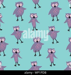 seamless vector pattern with cute purple owls on a a blue background Stock Vektor