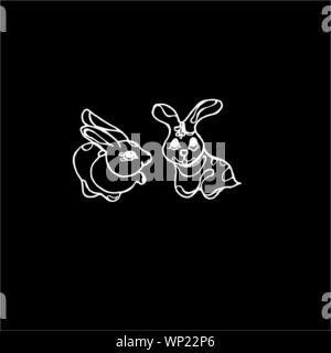 Schwarz-weiß Abbildung von zwei Kaninchen in der Liebe. Chinesische Kaninchen. Tattoo Idee. Kreide auf einer Tafel. Stock Vektor