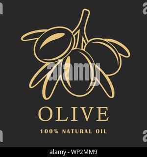 Olivenöl mit Blättern auf dunklem Hintergrund. Olivenöl Logo. Vector Illustration. Stock Vektor