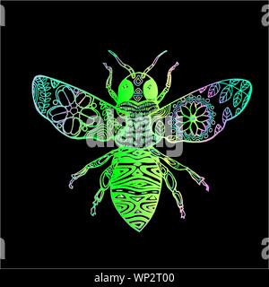 Zentangle Stil. Farbe neon Abbildung eines kosmischen Biene. Stock Vektor