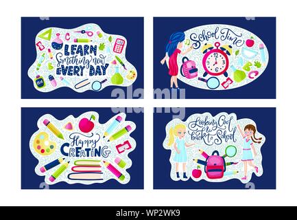 Vektor Schule Karte gesetzt. Zurück zu Schule Poster Collection mit Bildung liefert, Mädchen, Studentin und Schriftzug Quotes in Cartoon flatt und doodle Stil. Schreibwaren Abbildung. Stock Vektor