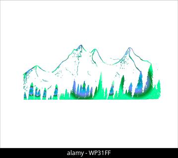 Farbverlauf Abbildung: Berge und Bäume. Tattoo Idee. Stock Vektor