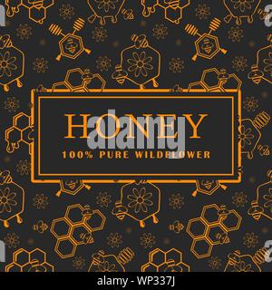 Nahtlose Muster mit Honig, Bienen und Blumen. Designelemente. Vektorgrafiken. Stock Vektor