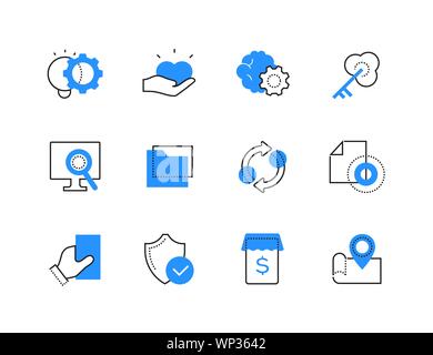 Moderne Technologie Color Line Symbole gesetzt. Mobile Shopping, Internet-Sicherheit, Cloud Storage und Dateien Synchronisation Symbole. Computer mit herrlichen Stock Vektor