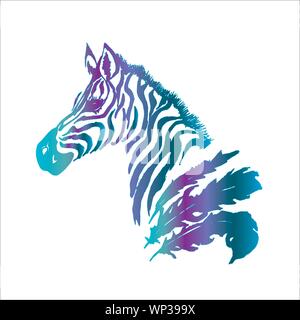Farbverlauf Abbildung: psychedellic Zebra mit Federn. Tattoo Idee. Stock Vektor