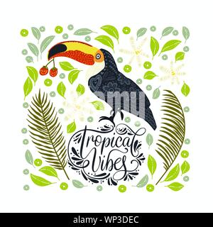 Helle vogel Toucan mit tropischer Flora und Beschriftung Angebot. Vector Illustration im skandinavischen Stil. Sommer Card. Tropische Atmosphäre. Stock Vektor