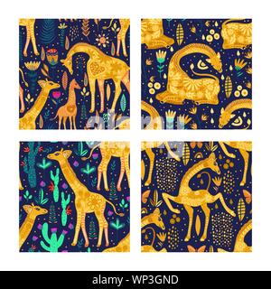 Seamless patten vector set with cute hand drawn ornate giraffes in scandinavian style. Africa animal background collection. Summer safari fashion flat giraffe illustrations. Stock Vektor