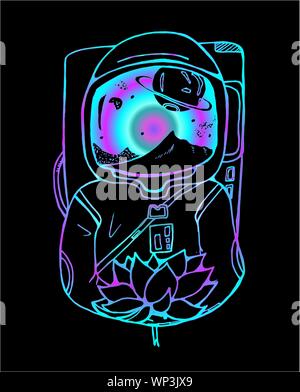 Gradient Zeichnung eines Astronauten mit einem Lotus in seine Hände Stock Vektor