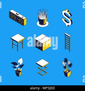 Tägliche Routine - bunte Vektor isometrische Symbole gesetzt. Wecker, Zeit und Geld Idee, Dollar, Zeichen 3d-dünne Linie Objekte. Pflanzen, Stühle. Cont Stock Vektor