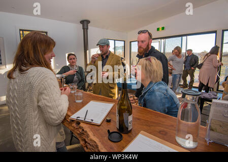 Menschen Verkostung Weine an Rowlee Weinberg in der Nähe der Stadt Orange in New South Wales, Australien Stockfoto