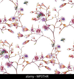 Aquarell von Biene und Blume, nahtlose Muster auf weißem Hintergrund Stockfoto